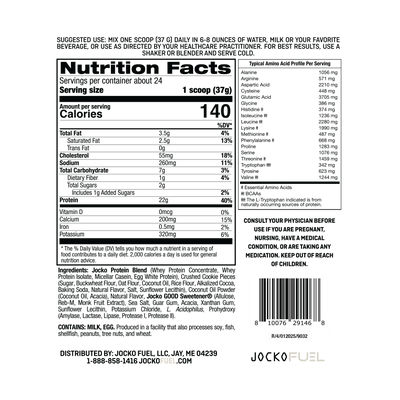 Jock Molk Protein Powder Cookies and Cream ingredients and macros nutrition panel