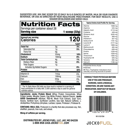 Jocko Fuel Molk Whey Protein Powder Supplement in Coffee and Donuts Flavor Ingredients and Macros Nutrition Panel