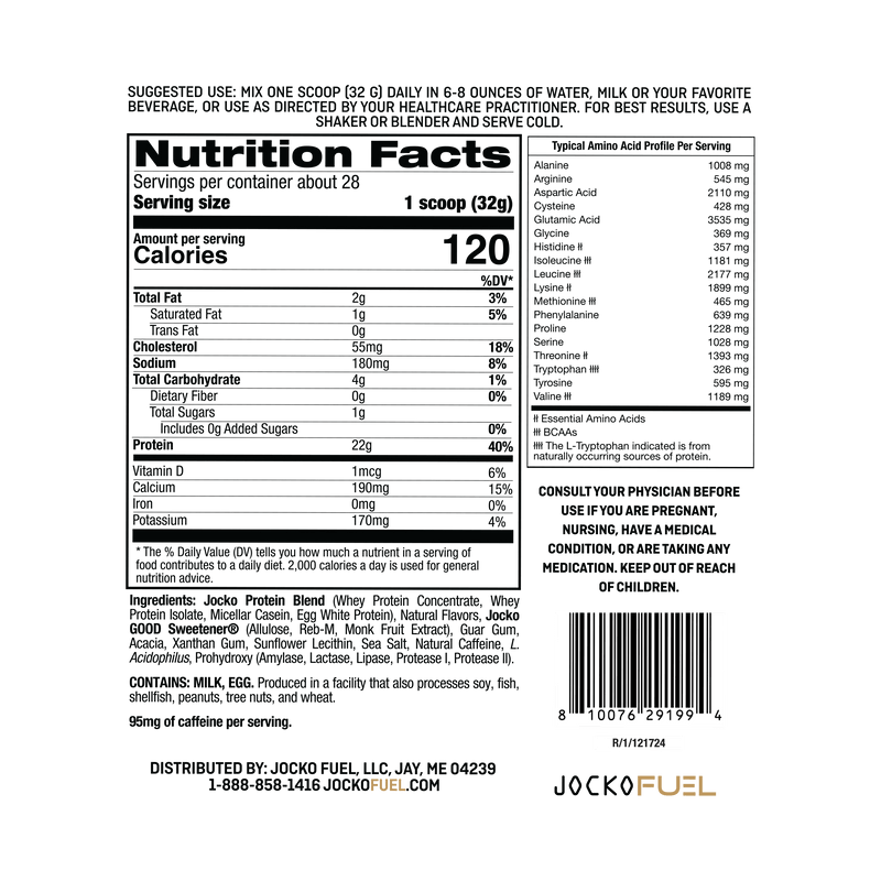 Jocko Fuel Molk Whey Protein Powder Supplement in Coffee and Donuts Flavor Ingredients and Macros Nutrition Panel