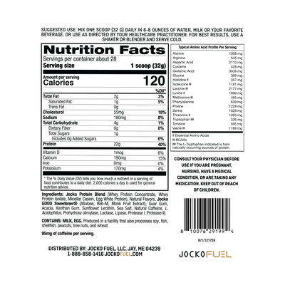 Jocko Fuel Molk Whey Protein Powder Supplement in Coffee and Donuts Flavor Ingredients and Macros Nutrition Panel