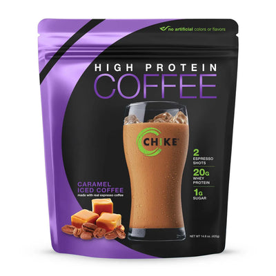 Chike Protein Caramel Iced Coffee bag with iced coffee glass and whey protein powder