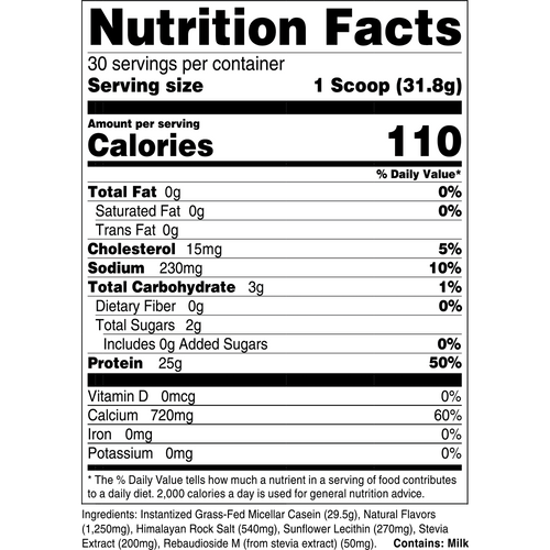 Transparent Labs Grass-Fed Casein Protein Vanilla Supplement Facts