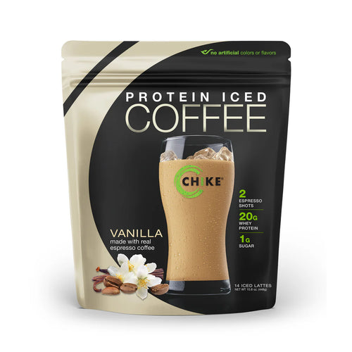 Chike Protein Vanilla Iced Coffee bag with iced coffee glass and whey protein powder