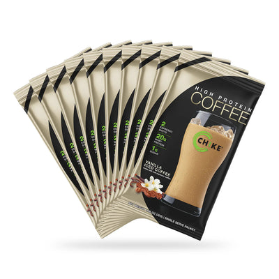 Multiple packages of High Protein Coffee with visible branding on a white background