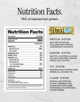 Nutrition facts label and product packaging for Cinnamon Roll Flavored David protein bar.