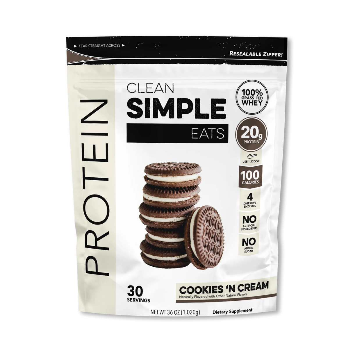 A package of Clean Simple Eats Protein Powder in cookies N Cream flavor.