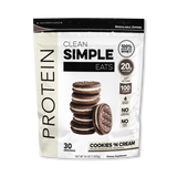 A package of Clean Simple Eats Protein Powder in cookies N Cream flavor.