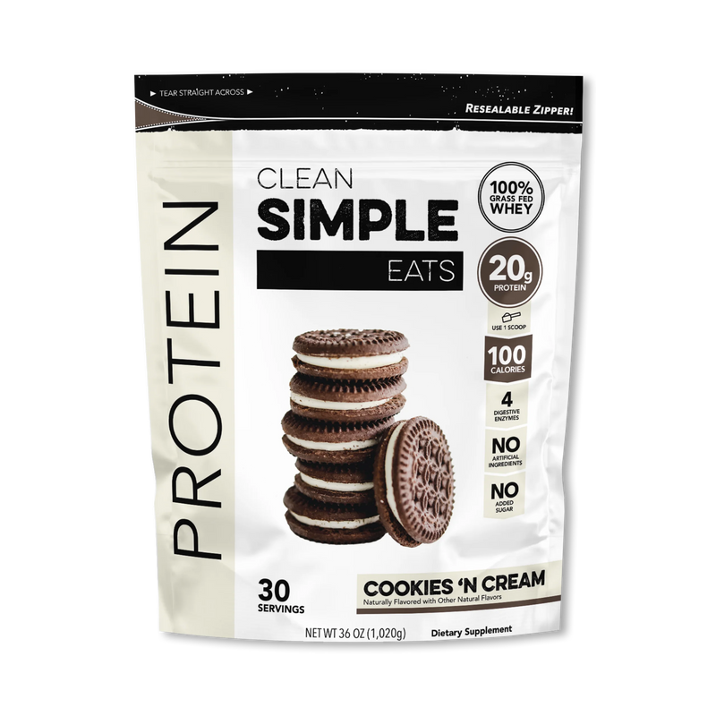 A package of Clean Simple Eats Protein Powder in cookies N Cream flavor.