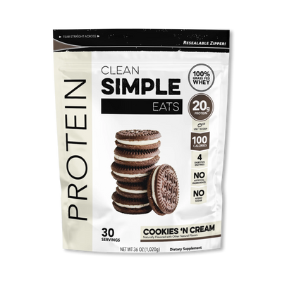 A package of Clean Simple Eats Protein Powder in cookies N Cream flavor.