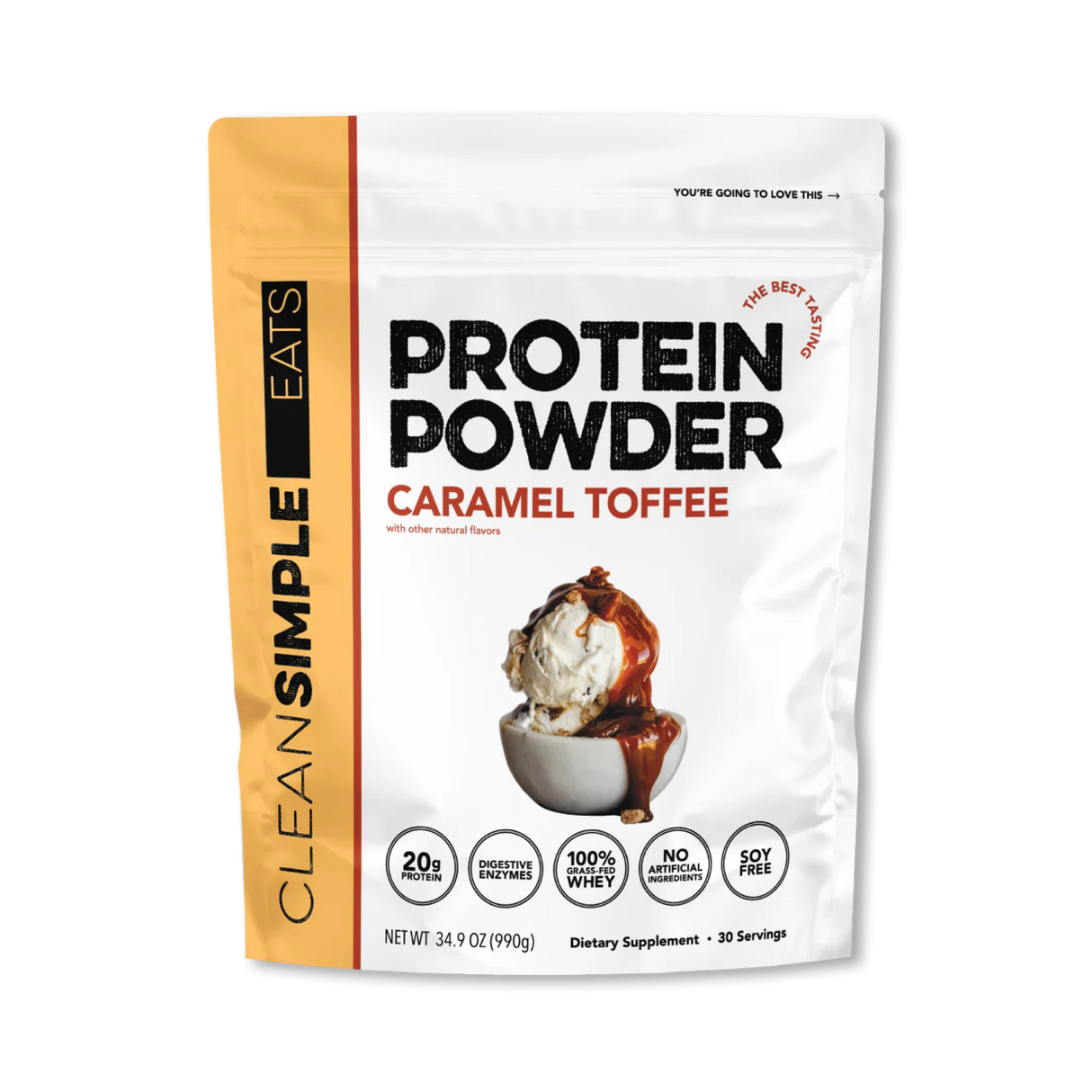 A package of Clean Simple Eats Protein Powder in Caramel Toffee flavor.