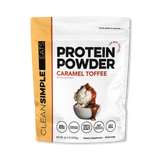 A package of Clean Simple Eats Protein Powder in Caramel Toffee flavor.