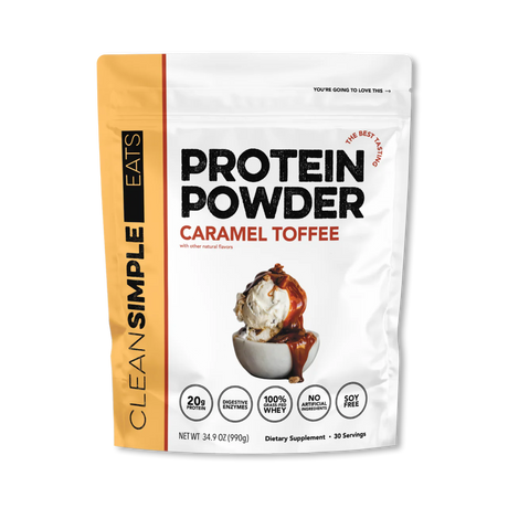 A package of Clean Simple Eats Protein Powder in Caramel Toffee flavor.