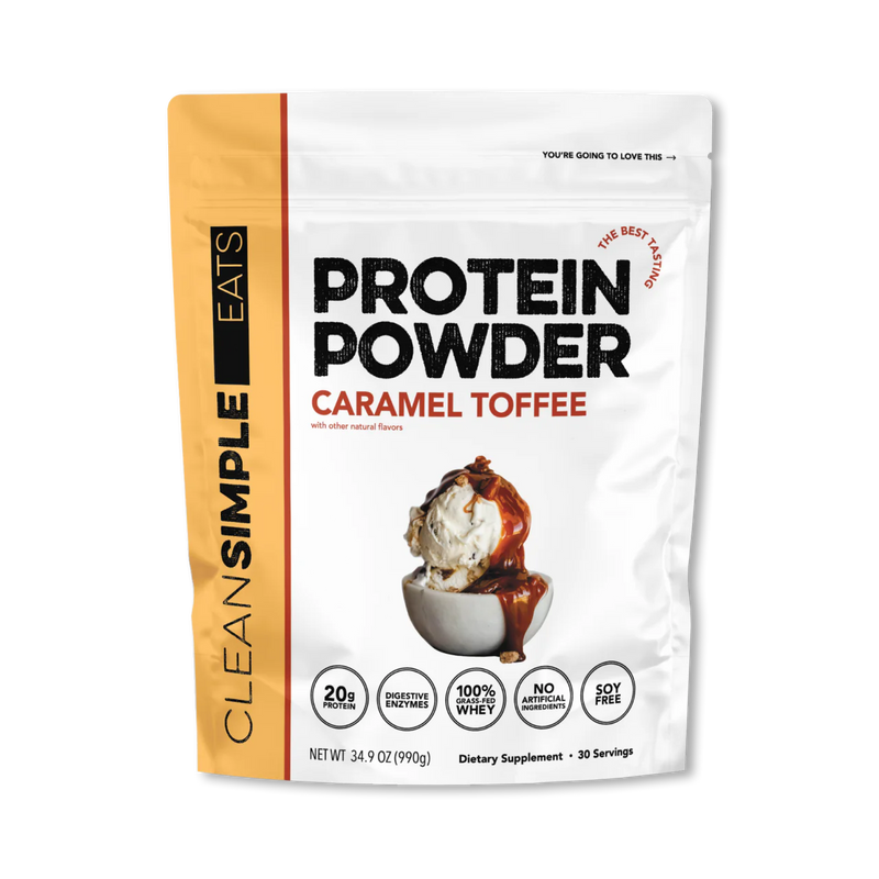 A package of Clean Simple Eats Protein Powder in Caramel Toffee flavor.