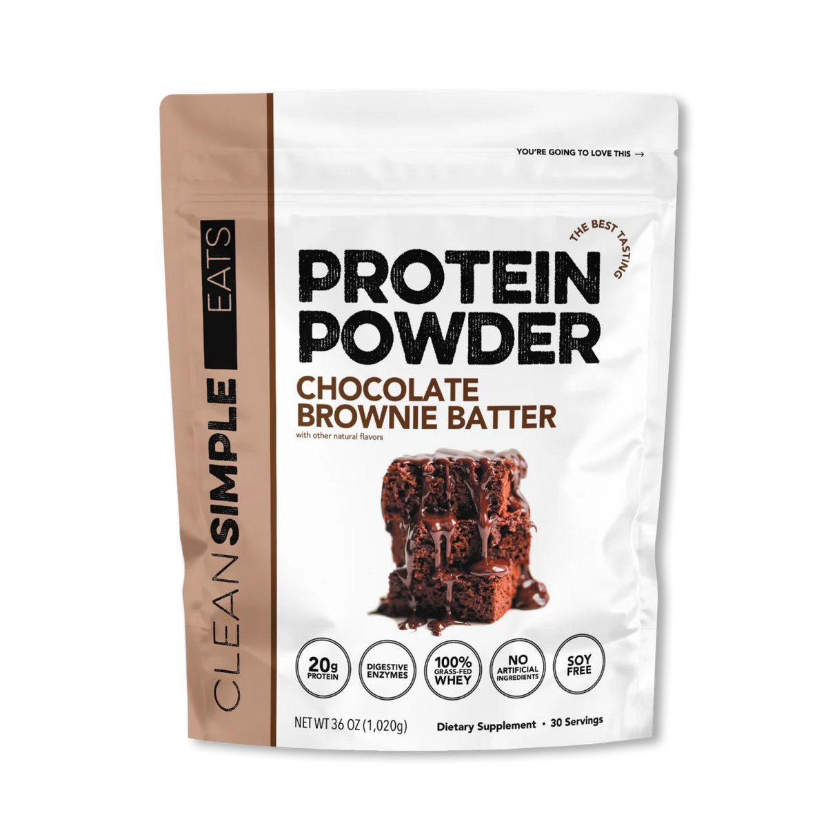 A package of Clean Simple Eats Grass-fed Whey Protein Isolate Powder in Chocolate Brownie Batter flavor