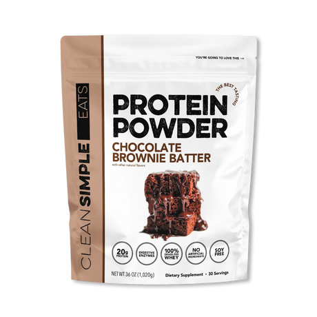 A package of Clean Simple Eats Grass-fed Whey Protein Isolate Powder in Chocolate Brownie Batter flavor