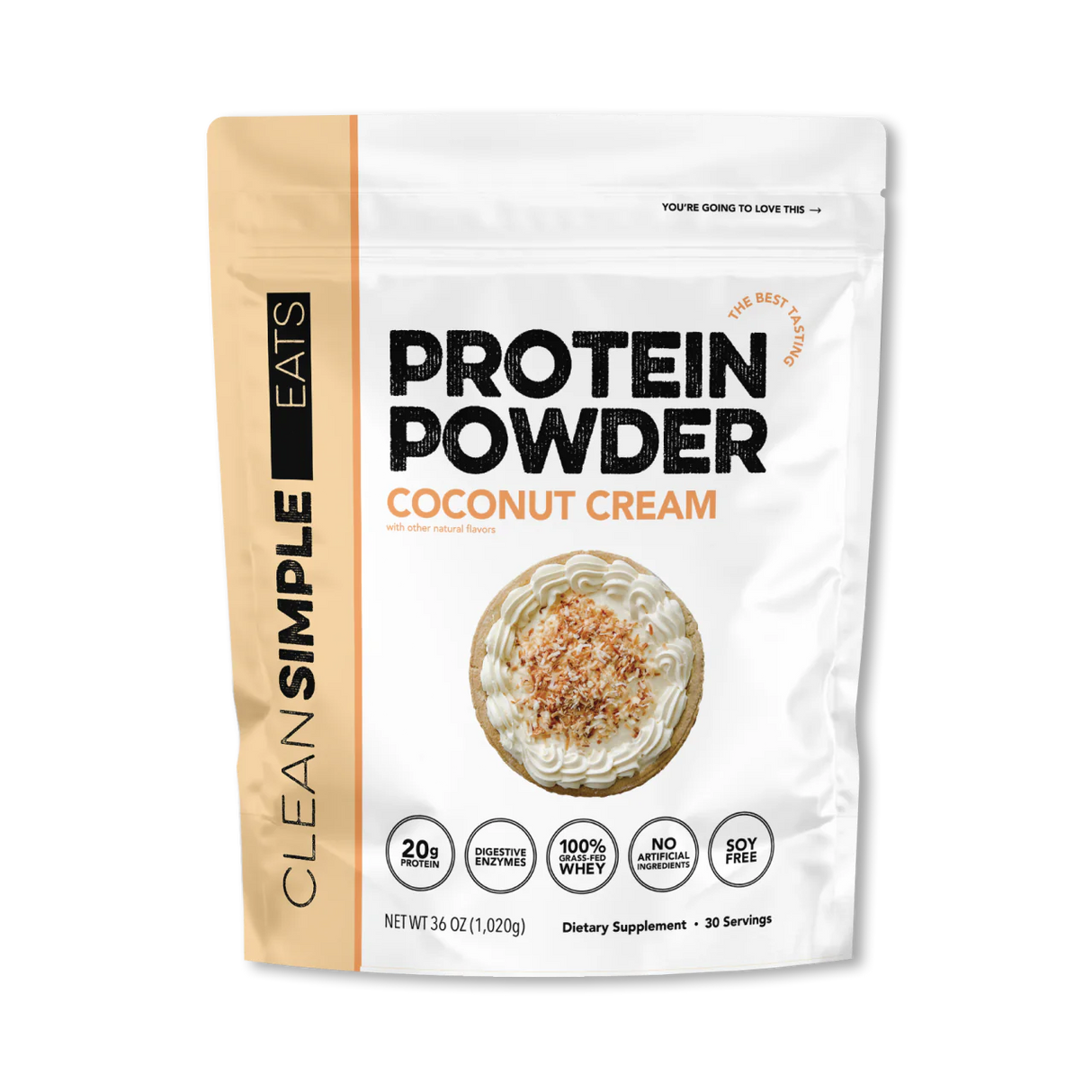A package of Clean Simple Eats Protein Powder in Coconut Cream flavor.