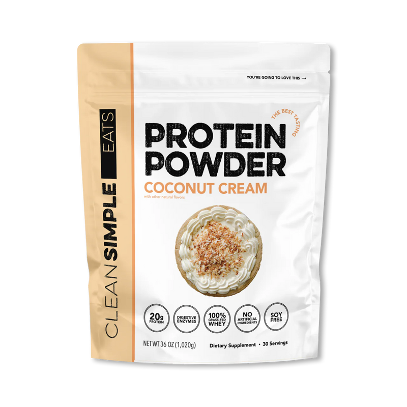 A package of Clean Simple Eats Protein Powder in Coconut Cream flavor.