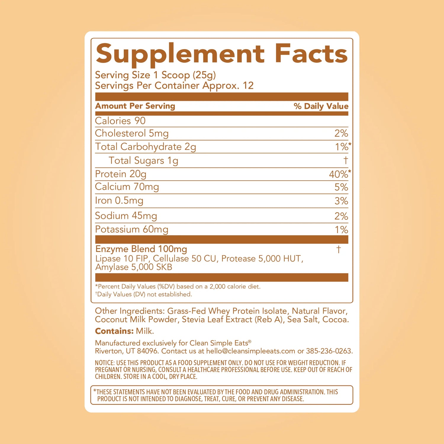 Clean Simple Eats Protein Powder Cinnamon Roll Supplement facts label 