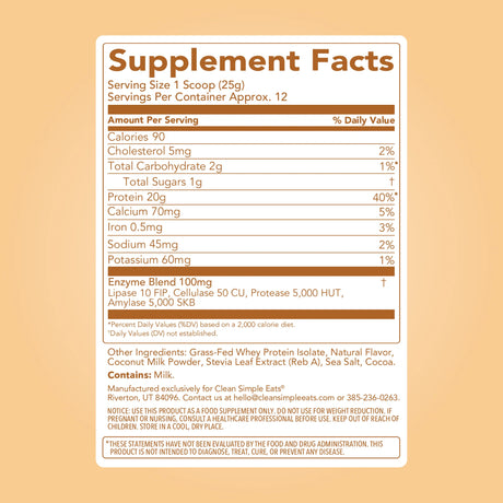 Clean Simple Eats Protein Powder Cinnamon Roll Supplement facts label 