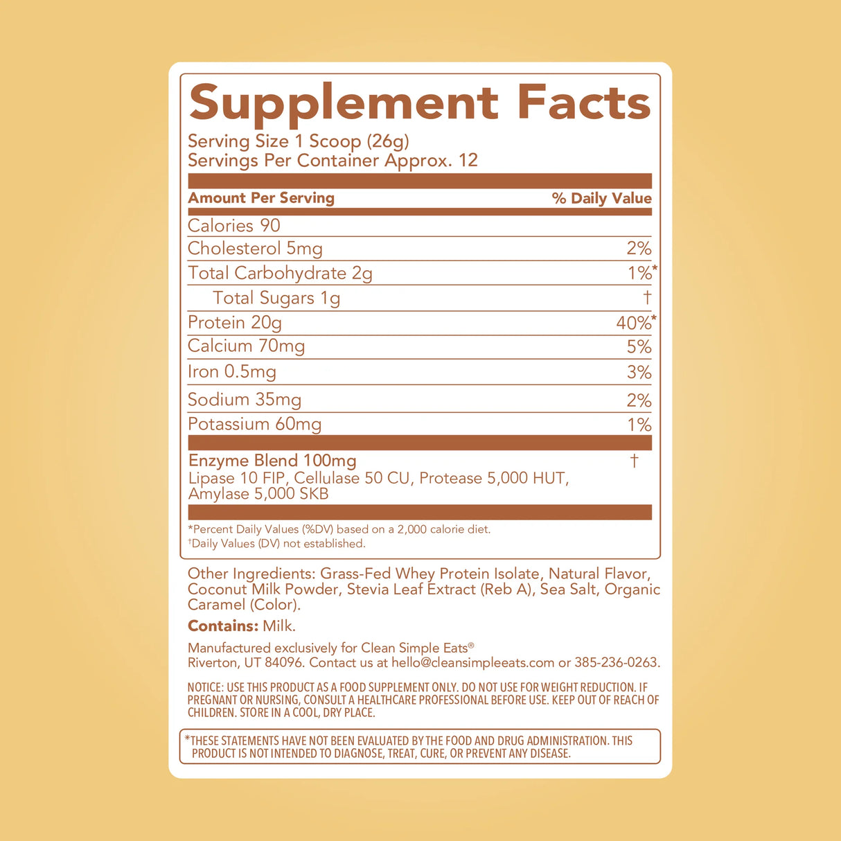 Clean Simple Eats Protein Powder Maple Donut Supplement facts label 