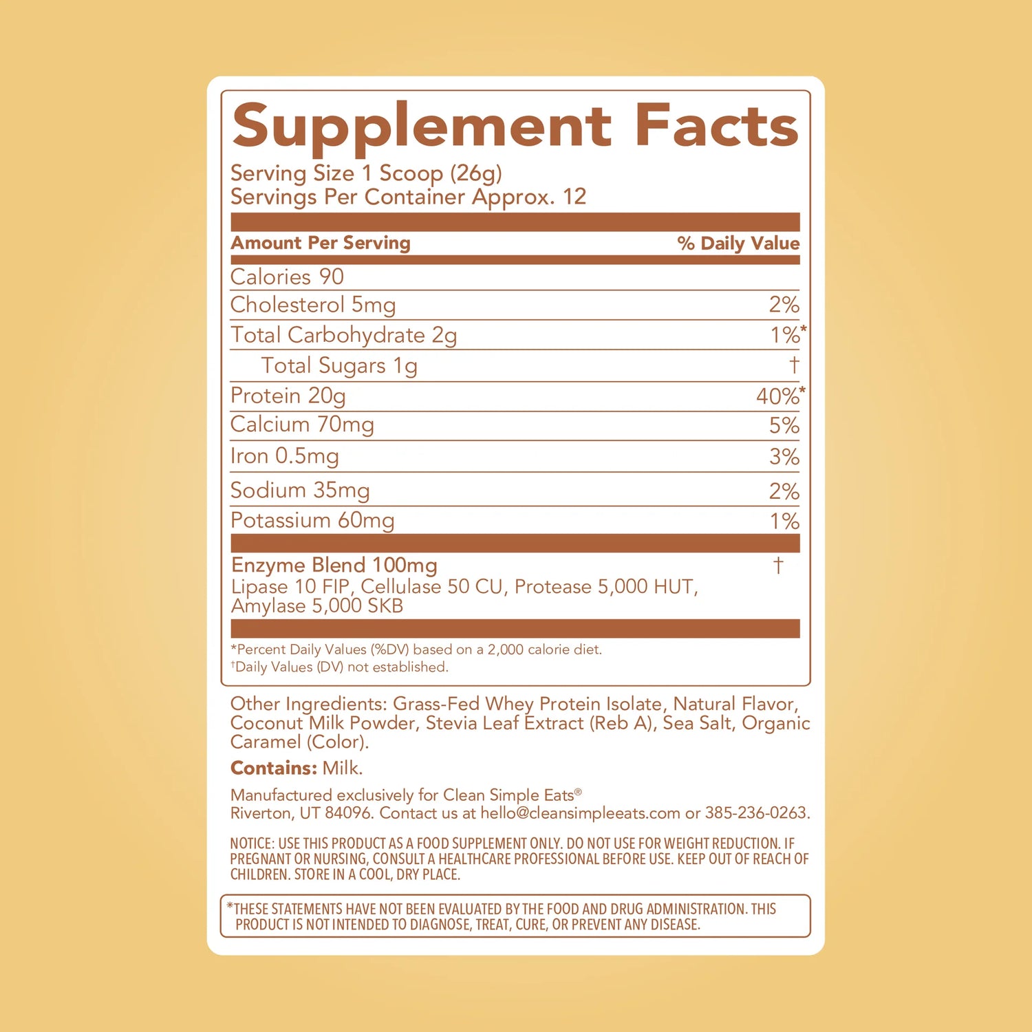 Clean Simple Eats Protein Powder Maple Donut Supplement facts label 
