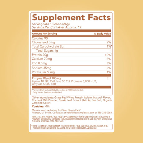 Clean Simple Eats Protein Powder Maple Donut Supplement facts label 