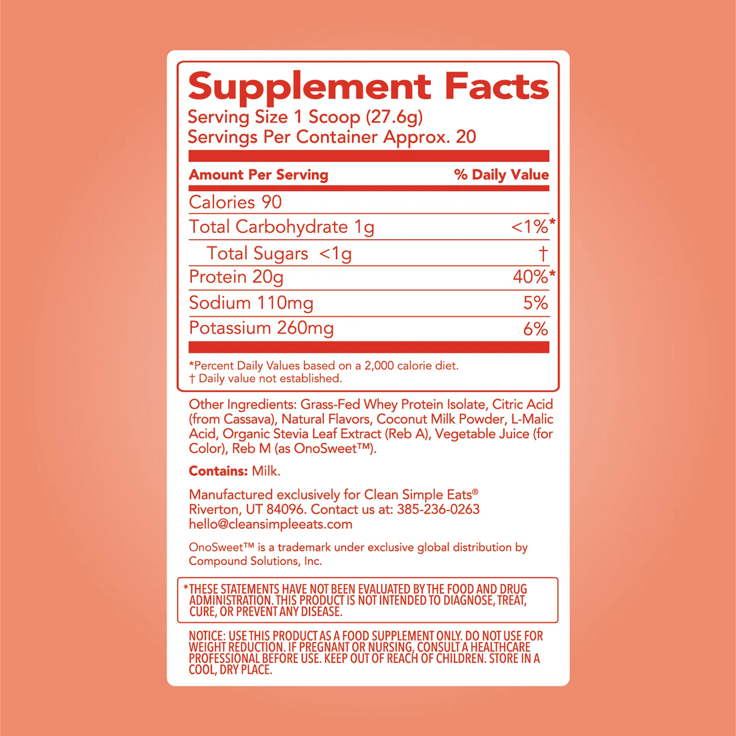 Clean Simple Eats Clear Protein Powder Pineapple Passion ingredients and macros