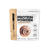 Package of Clean Simple Eats Protein Powder Cinnamon Roll flavor on a white background