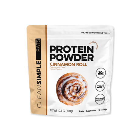 Package of Clean Simple Eats Protein Powder Cinnamon Roll flavor on a white background