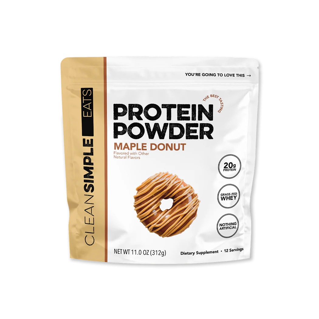 Package of Clean Simple Eats Maple Donut protein powder on a white background