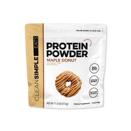 Package of Clean Simple Eats Maple Donut protein powder on a white background