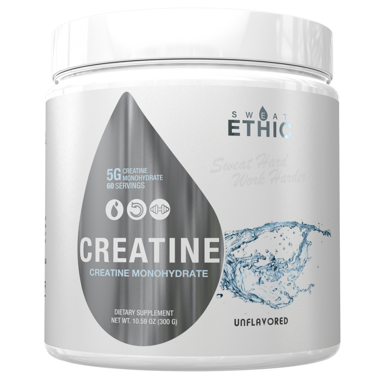 Sweat Ethic Pure Creatine Monohydrate Powder Supplement, Unflavored, (300 g) - Supports Bulk Muscle Energy, Recovery, and Strength - Tested Pure Grade Creatine Powder Supplement for Men and Women