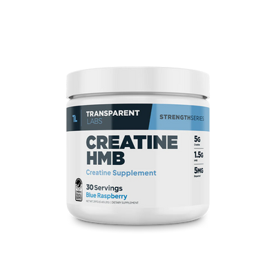 A container of Transparent Labs Creatine HMB Blue Raspberry Flavored in 30 Servings, which is a creatine supplement.