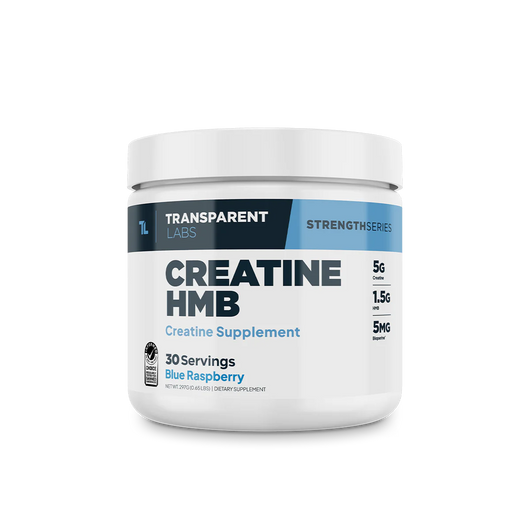 A container of Transparent Labs Creatine HMB Blue Raspberry Flavored in 30 Servings, which is a creatine supplement.