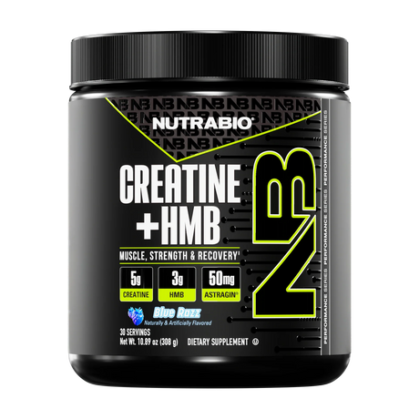 NUTRABIO Creatine + HMB supplement container on a white background in Blue Razz Flavor