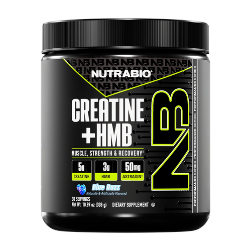 NUTRABIO Creatine + HMB supplement container on a white background in Blue Razz Flavor