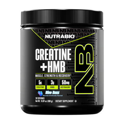 NUTRABIO Creatine + HMB supplement container on a white background in Blue Razz Flavor