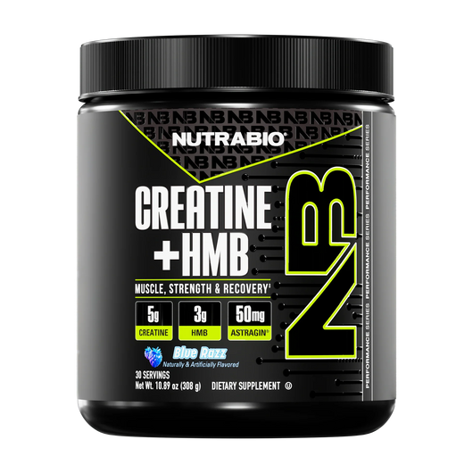NUTRABIO Creatine + HMB supplement container on a white background in Blue Razz Flavor