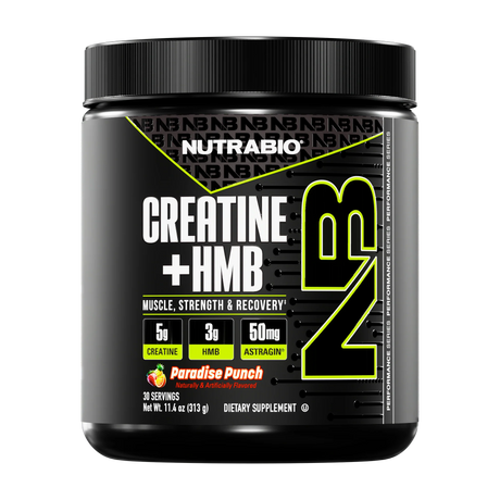 Nutrabio Creatine + HMB supplement container on a white background in Paradise Punch