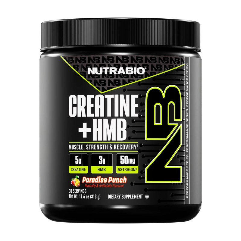Nutrabio Creatine + HMB supplement container on a white background in Paradise Punch