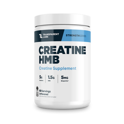 A container of Transparent Labs Creatine and HMB supplement that is Unflavored with 60 servings