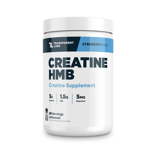 A container of Transparent Labs Creatine and HMB supplement that is Unflavored with 60 servings