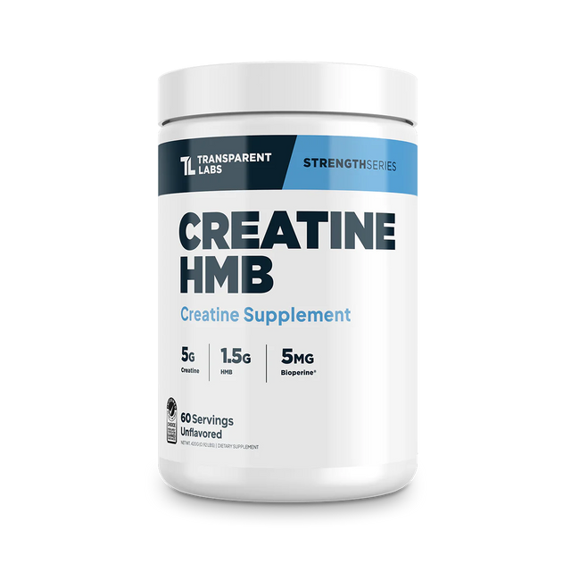 A container of Transparent Labs Creatine and HMB supplement that is Unflavored with 60 servings
