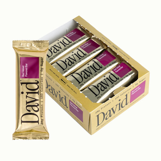 Box of David protein bars in Red Velvet flavor