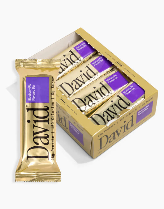 David Protein Bars with high protein, 0 sugar and gluten free in Blueberry Pie flavor