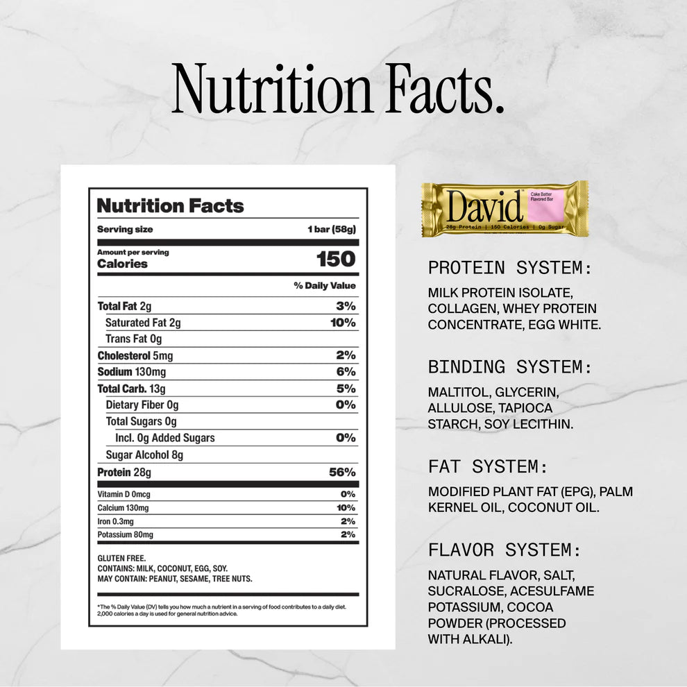 Nutrition facts label and ingredients breakdown for David protein bar on a light background.