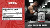 Supplement bottle labeled 'Epiturk+' with a supplement facts label on a red background, and a person lifting weights in the background.