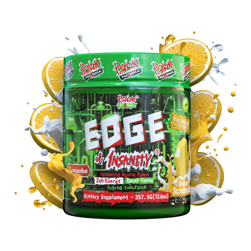 Edge of Insanity Pre Workout from Psycho Pharma in Orange Screamsicle flavor 