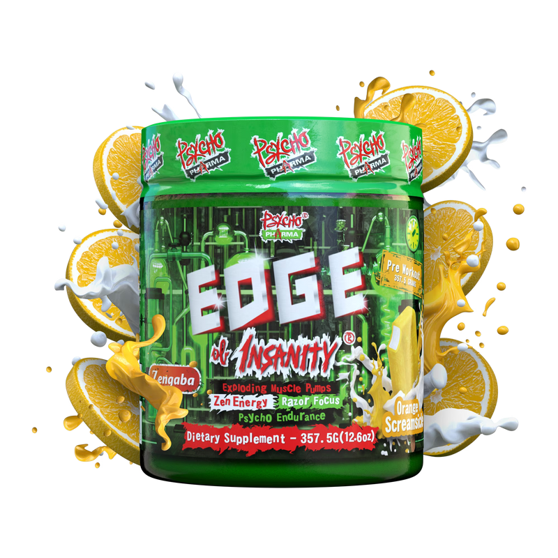 Edge of Insanity Pre Workout from Psycho Pharma in Orange Screamsicle flavor 