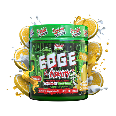Edge of Insanity Pre Workout from Psycho Pharma in Orange Screamsicle flavor 